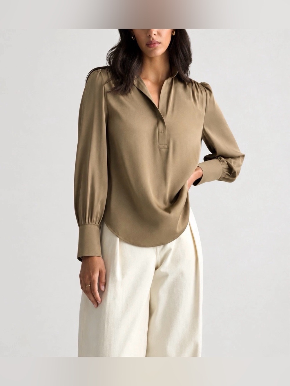 NWT Quince Washable Stretch Mulberry Silk Split Neck Blouse Women’s L Dogwood